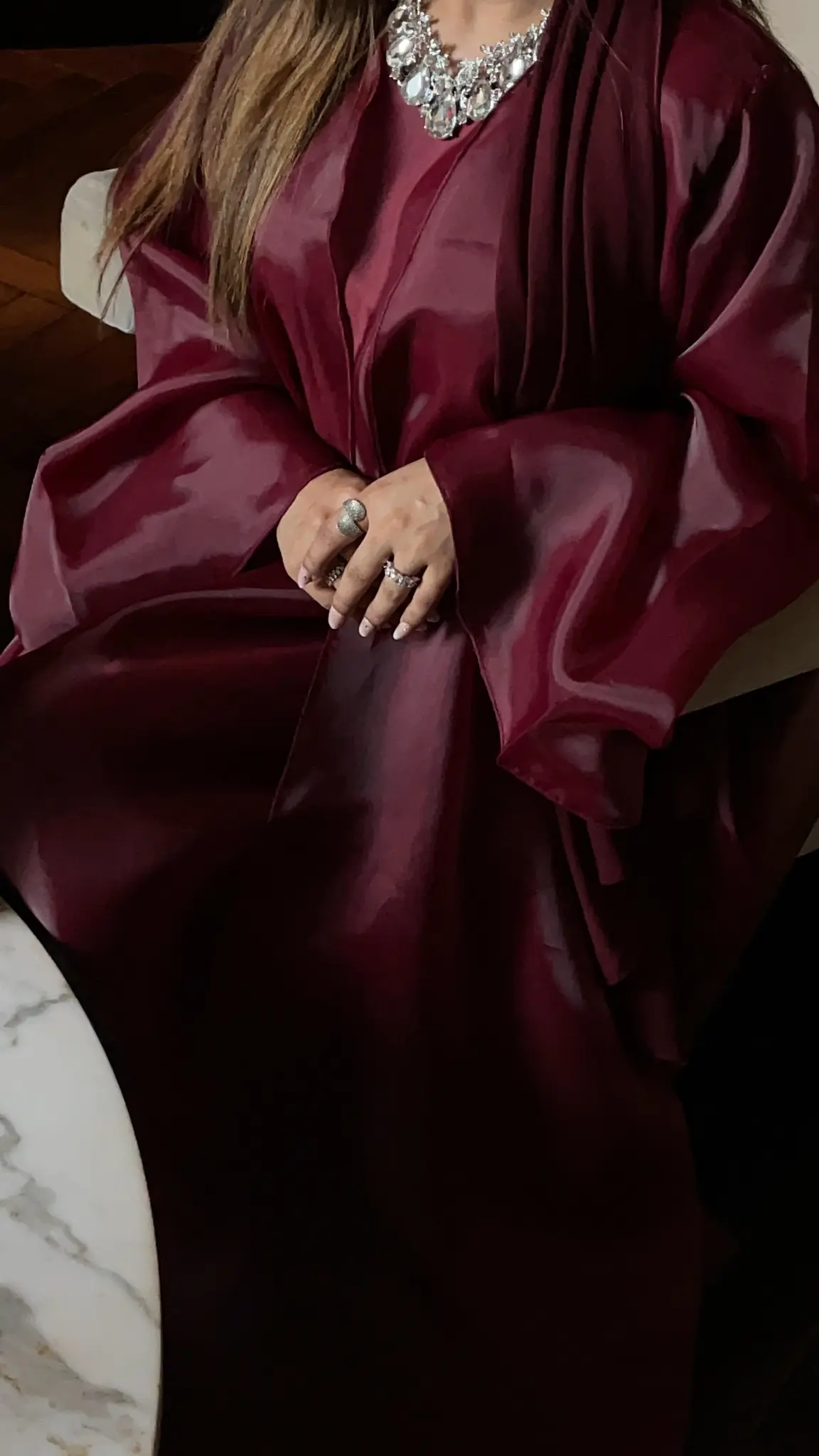 Velour Rouge — Dark cherry organza with flowing sleeves