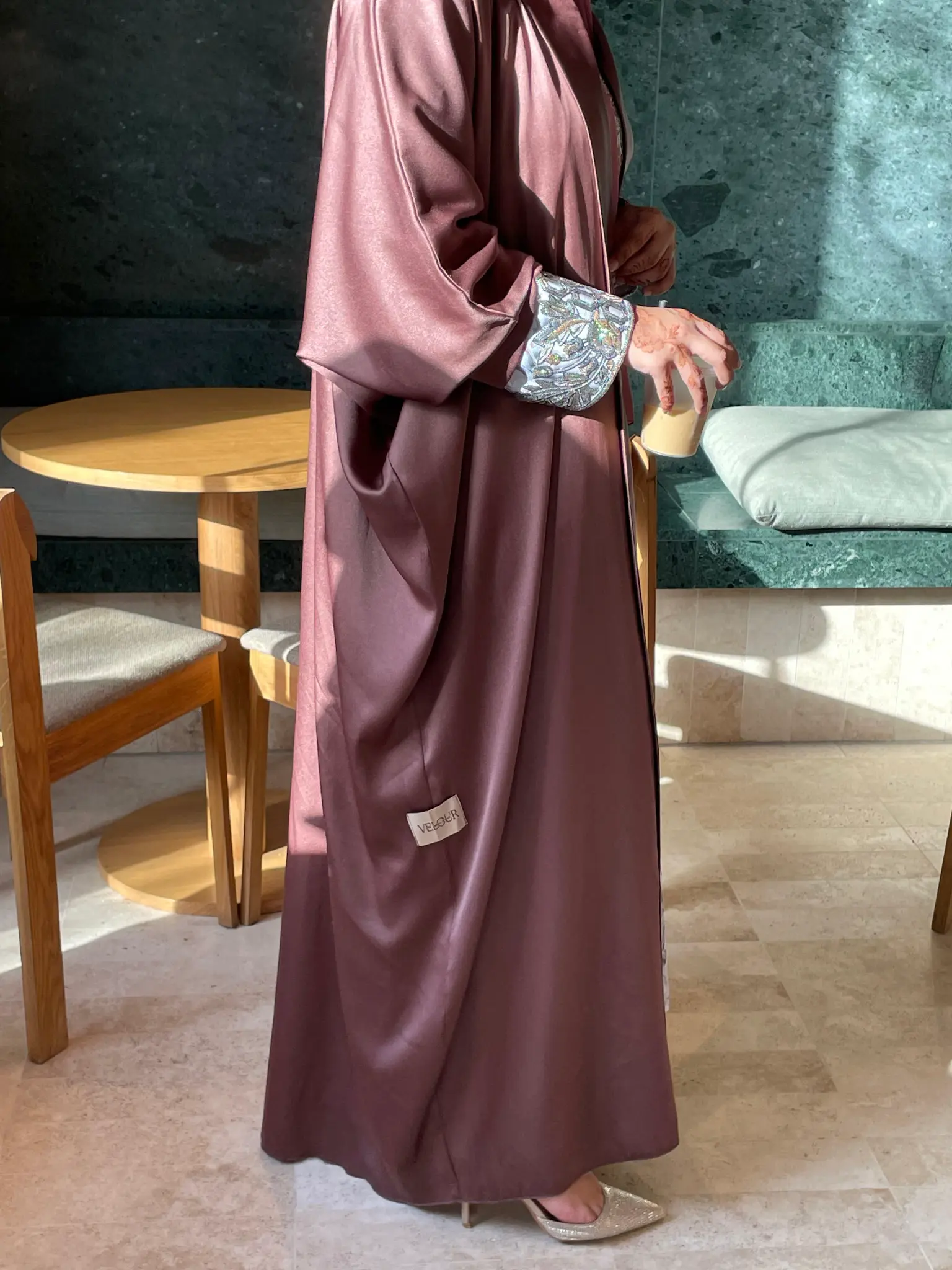 Daisy Pink — Coffee pink satin with ornate cuffs