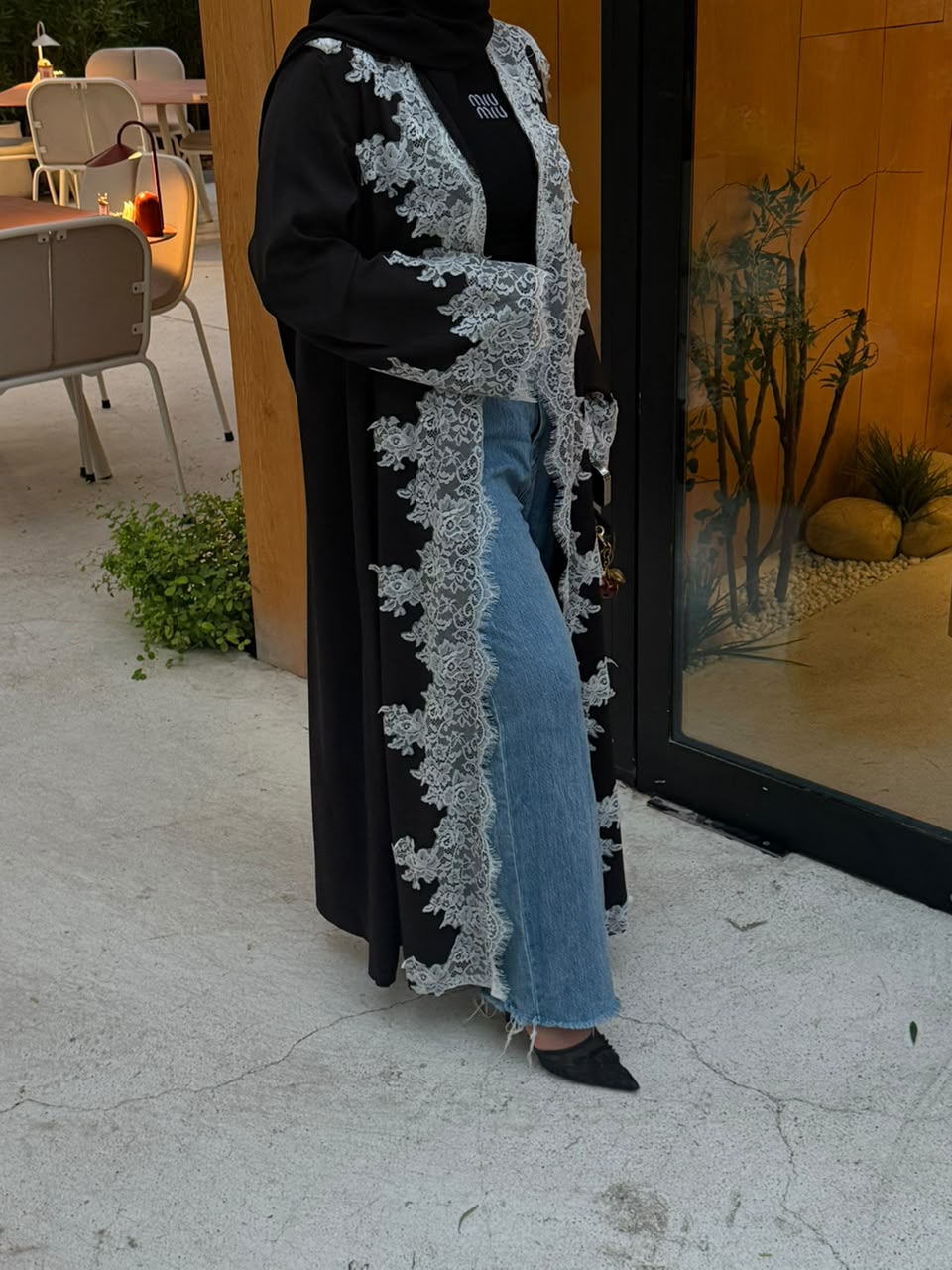 Rove — Floral lace-trimmed black abaya