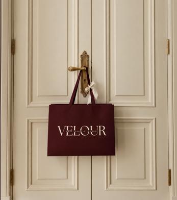 Close-up of the Velour bag and ivory ribbon against cream doors