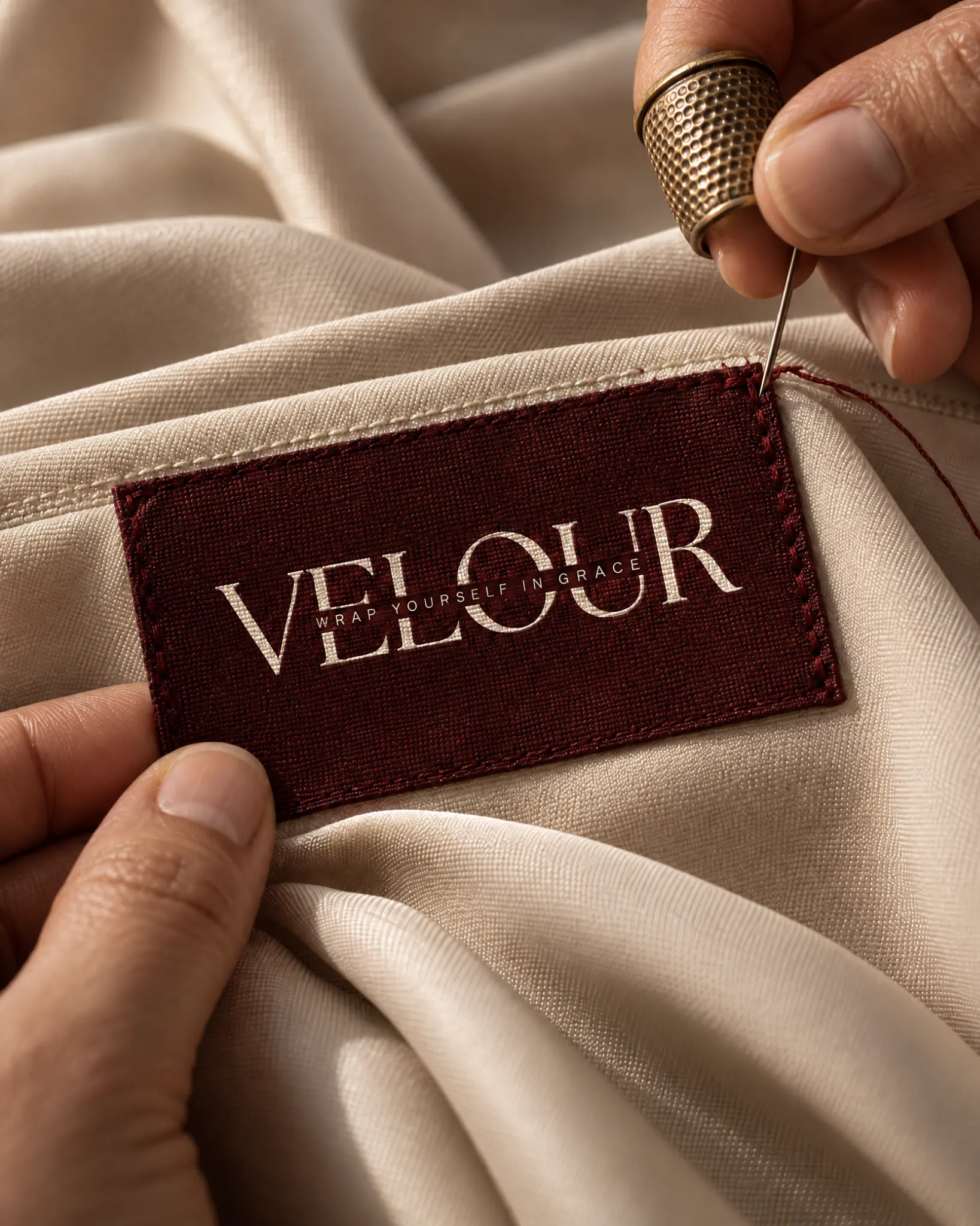 A Velour label being stitched onto warm ivory fabric