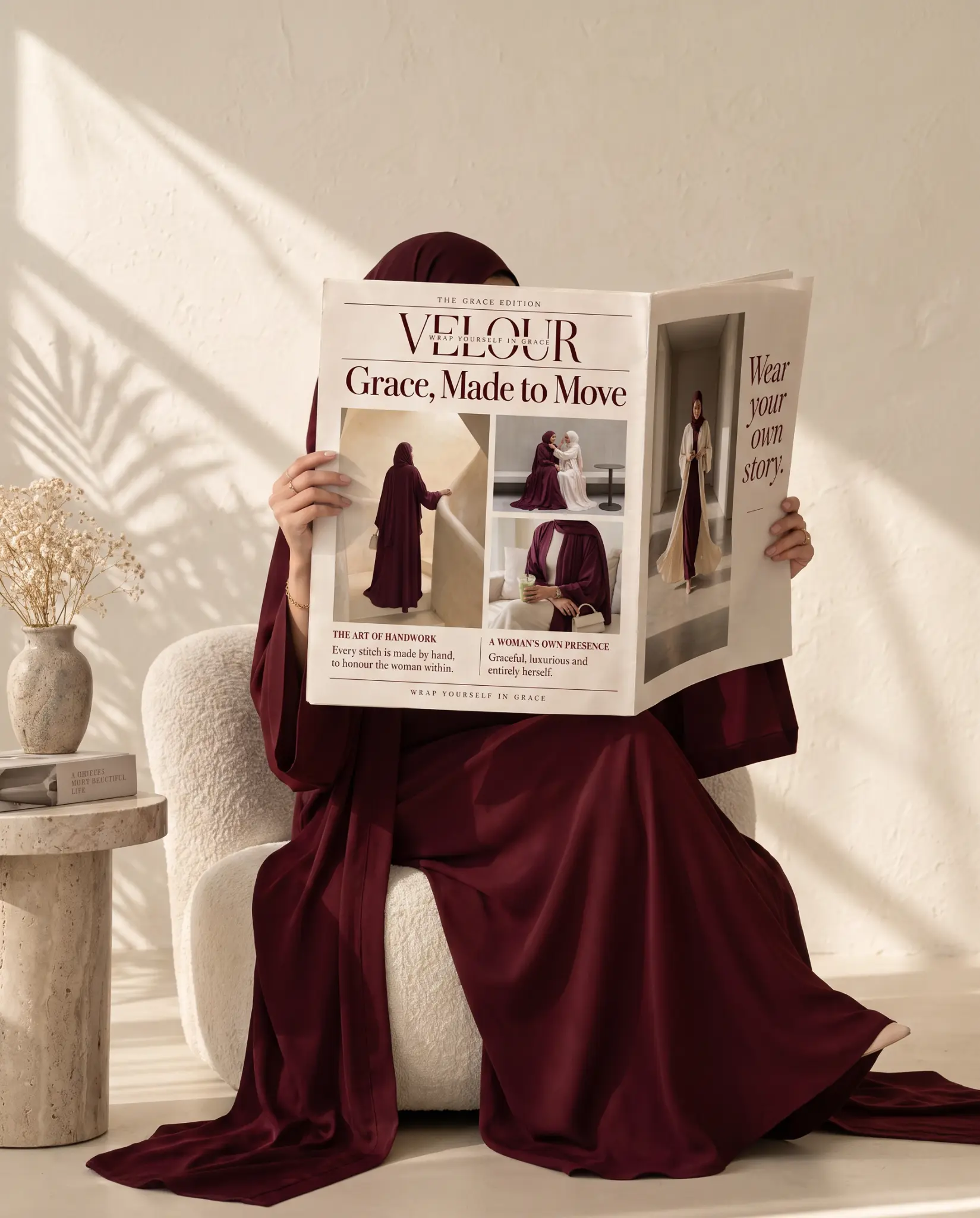 The Velour Grace Edition newspaper in a softly lit beige interior